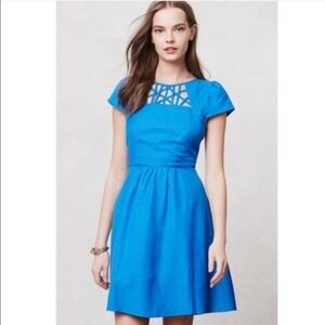 Maeve Anthropologie Fit And Flare Blue Cap Sleeve Dress